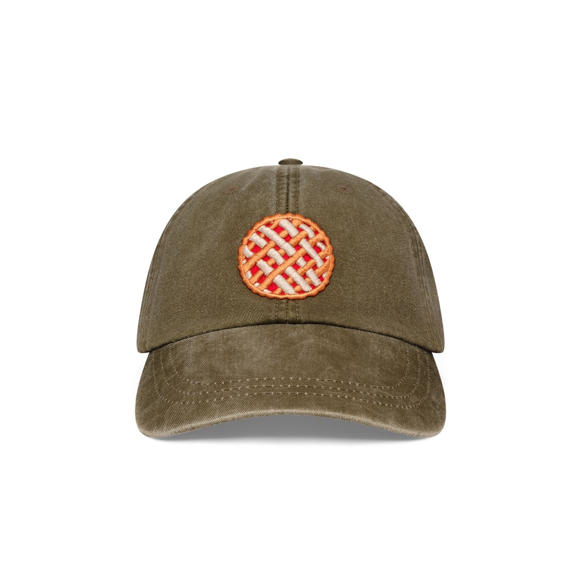 Front view of the Olive green baseball hat with a pie patch on a white backround.