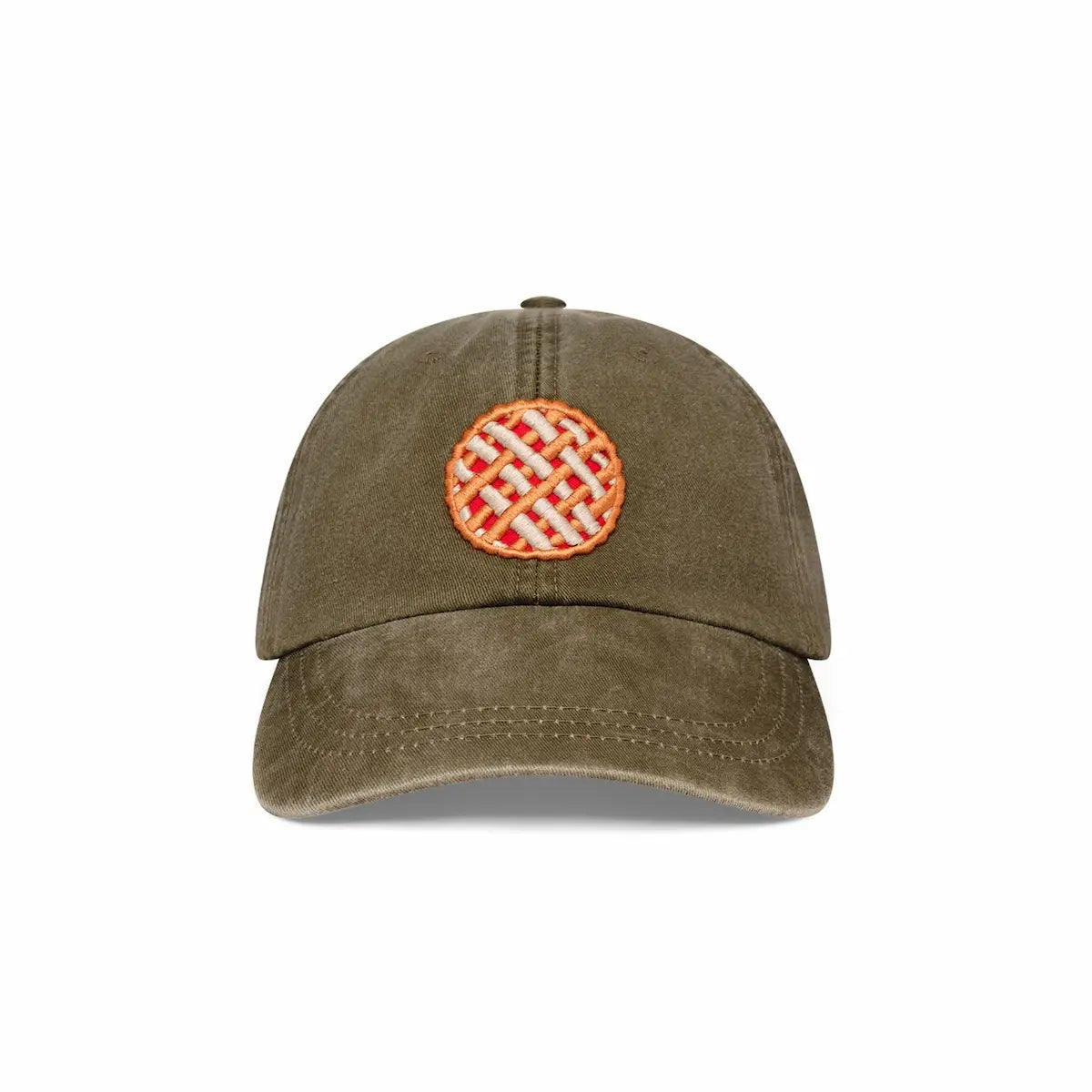 Olive green cap with a red and white pie patch on a white background