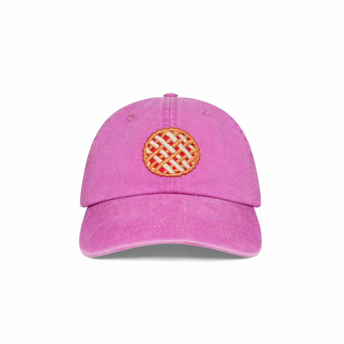 Pink cap with a pie design on a white background