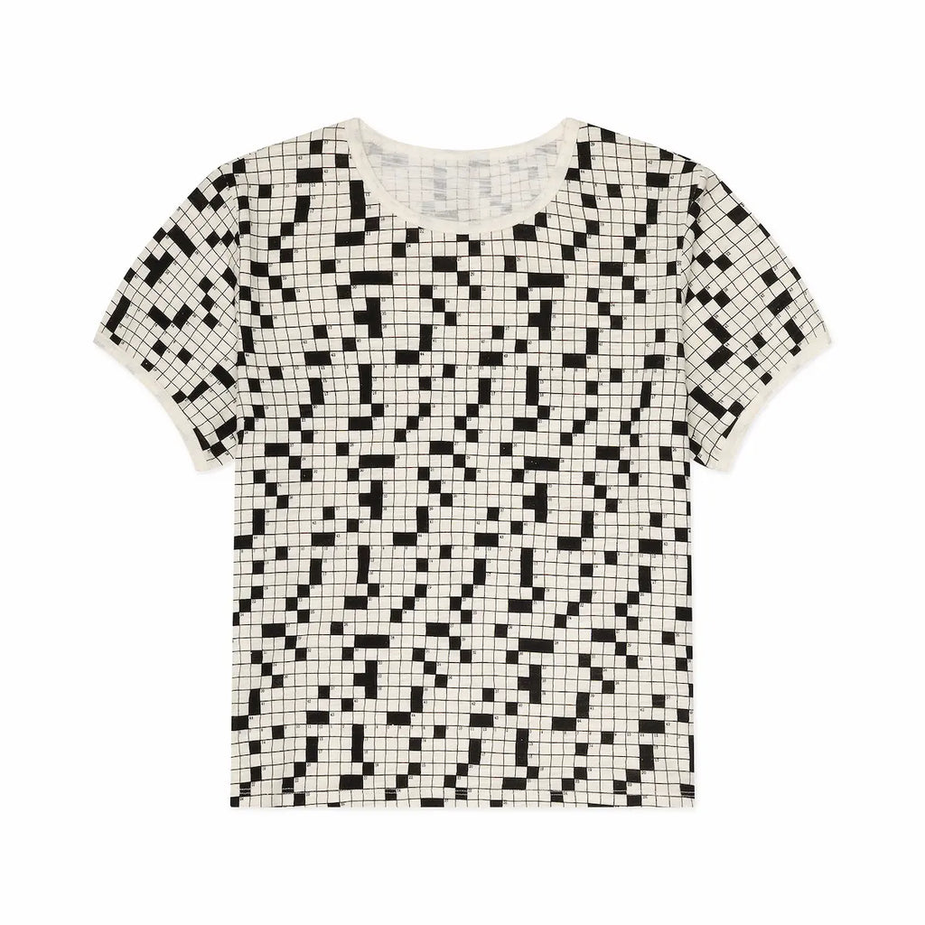 Black and white crossword patterned t-shirt on a white background