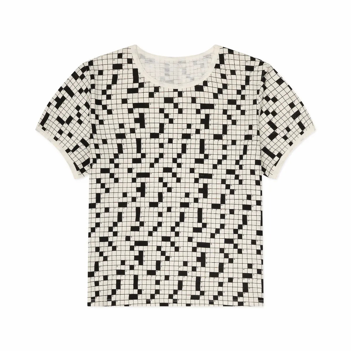 Black and white crossword patterned t-shirt on a white background