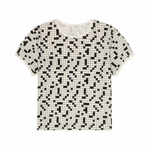 Black and white crossword patterned t-shirt on a white background