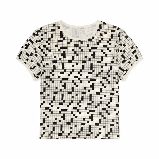 Black and white crossword patterned t-shirt on a white background