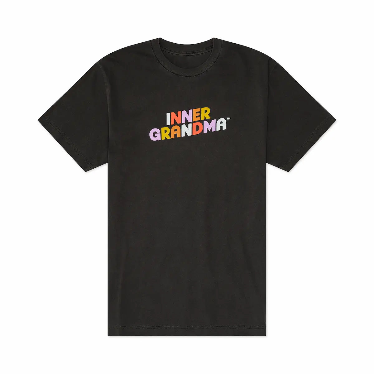 Black t-shirt with 'INNER GRANDMA' text in colorful letters on a white background