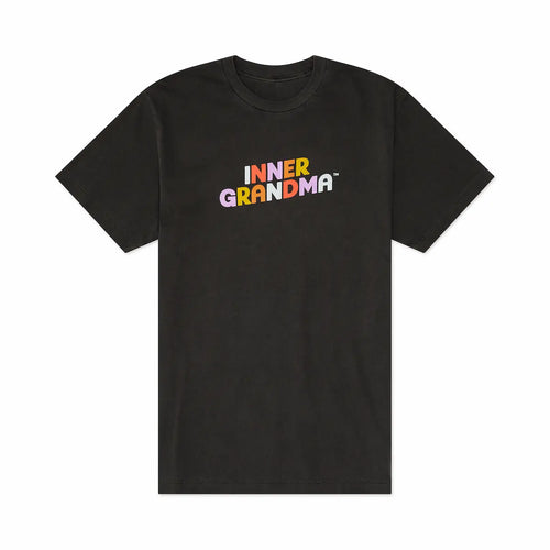 Black t-shirt with 'INNER GRANDMA' text in colorful letters on a white background