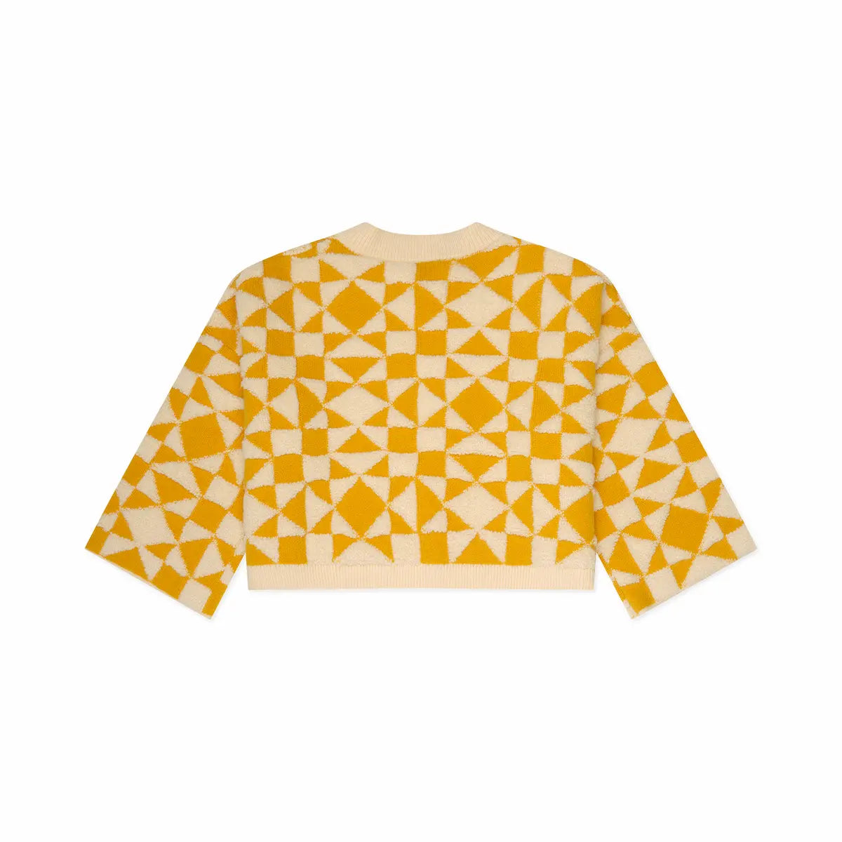 backview of Yellow and white geometric patterned shirt on a white background