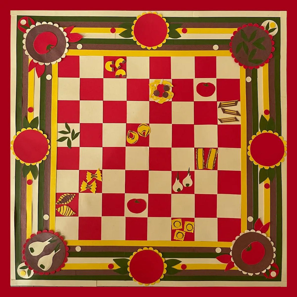 Decorative checkers board with pieces on a red background