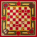 Decorative checkers board with pieces on a red background