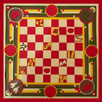 Decorative checkers board with pieces on a red background