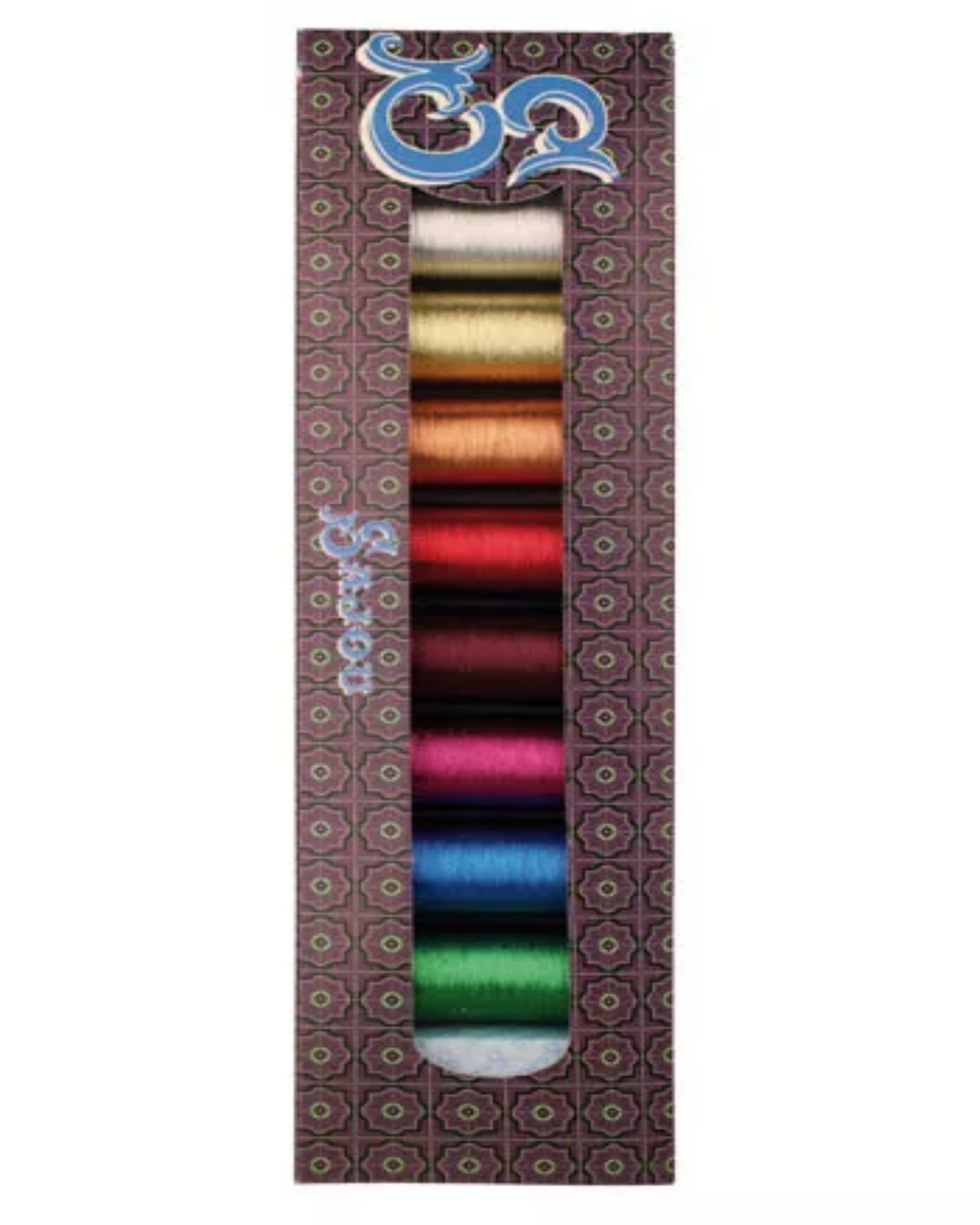 Set of colorful spools of thread in a decorative box with Sajou brand logo.