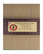 Fabric with a label indicating 'produced in France' on a brown and gray checkered background