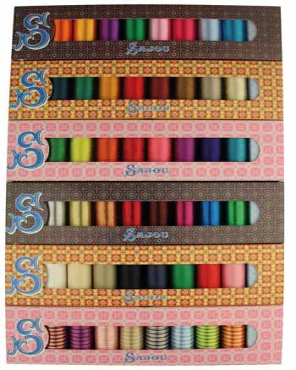 Set of colorful sewing threads in Sajou branded boxes