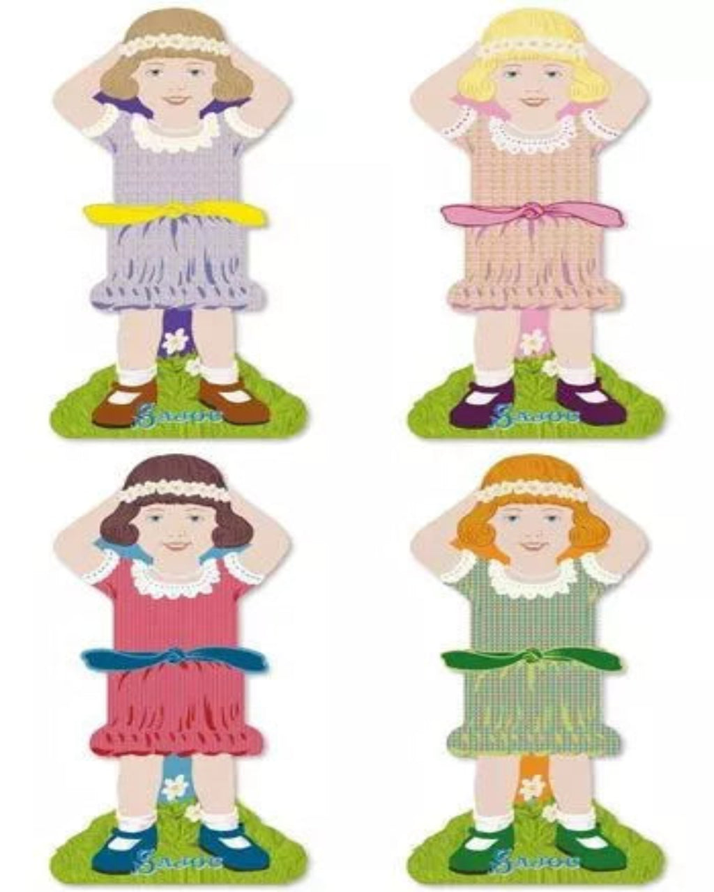 Four thread holders shaped like dolls with different dresses on a white background