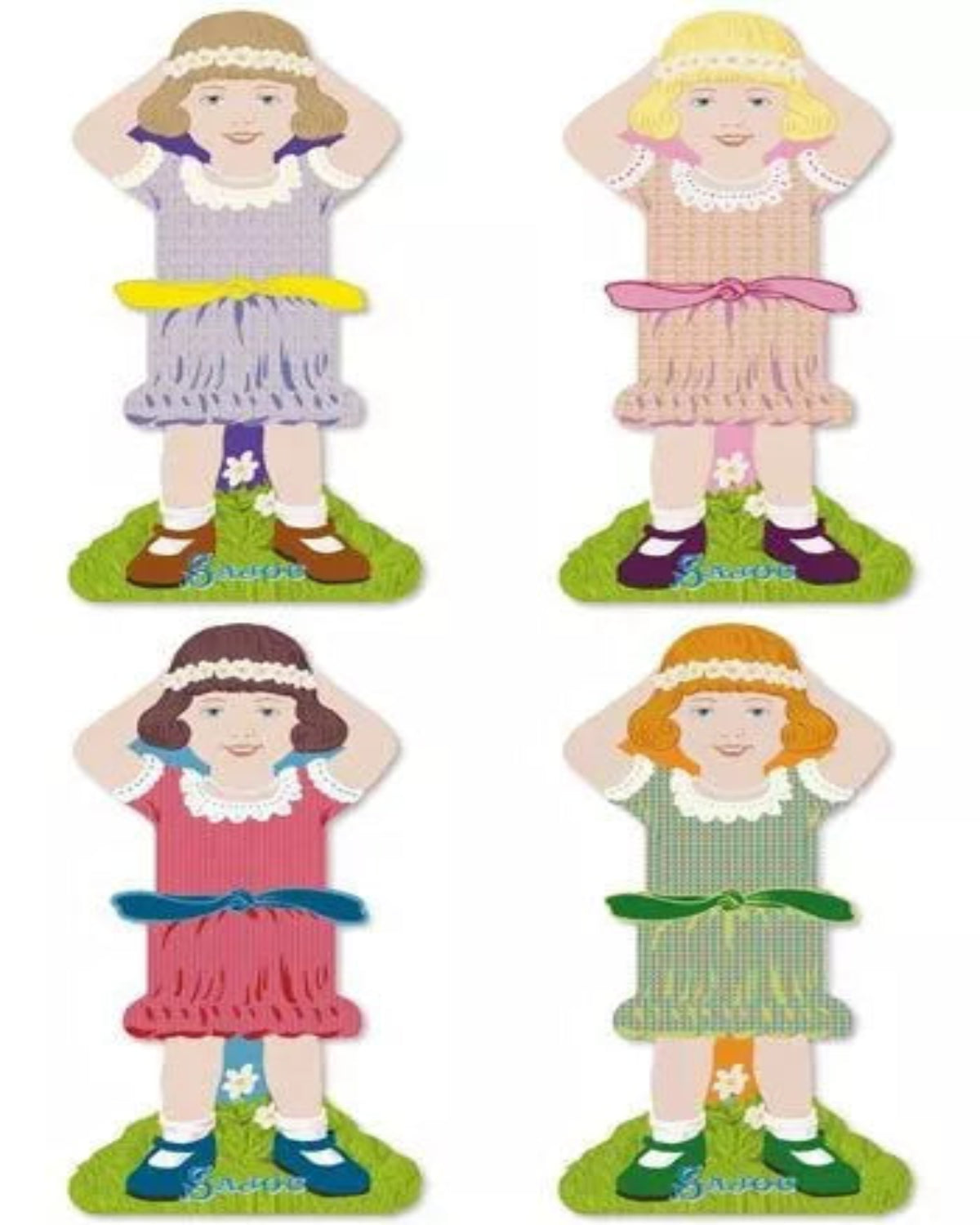Four thread holders shaped like dolls with different dresses on a white background