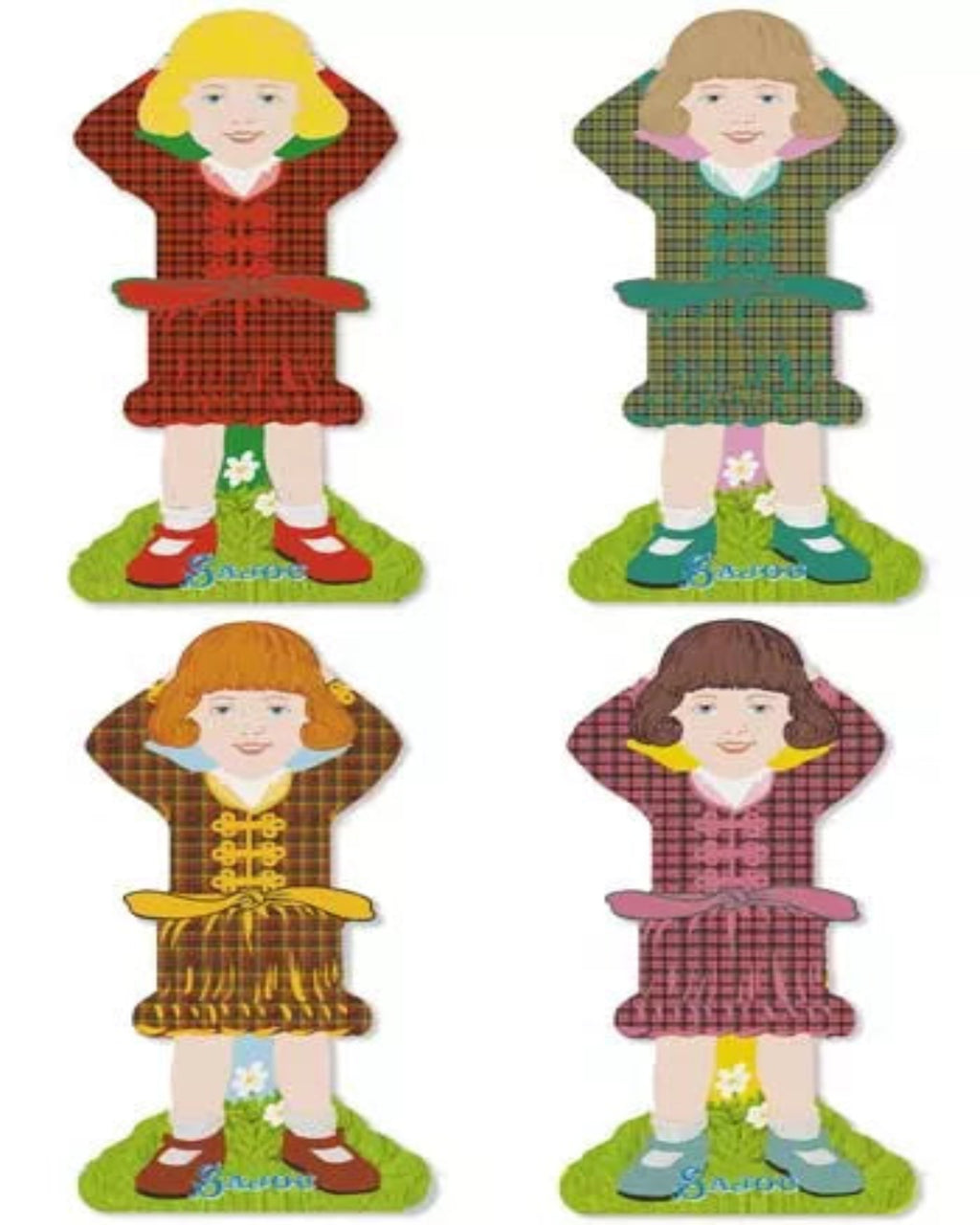 Four thread holders shaped like dolls with different dresses on a white background