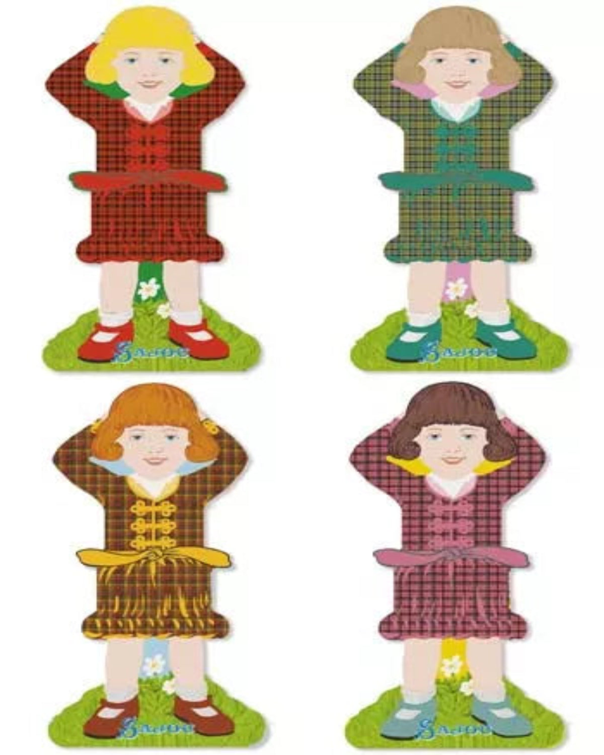 Four thread holders shaped like dolls with different dresses on a white background