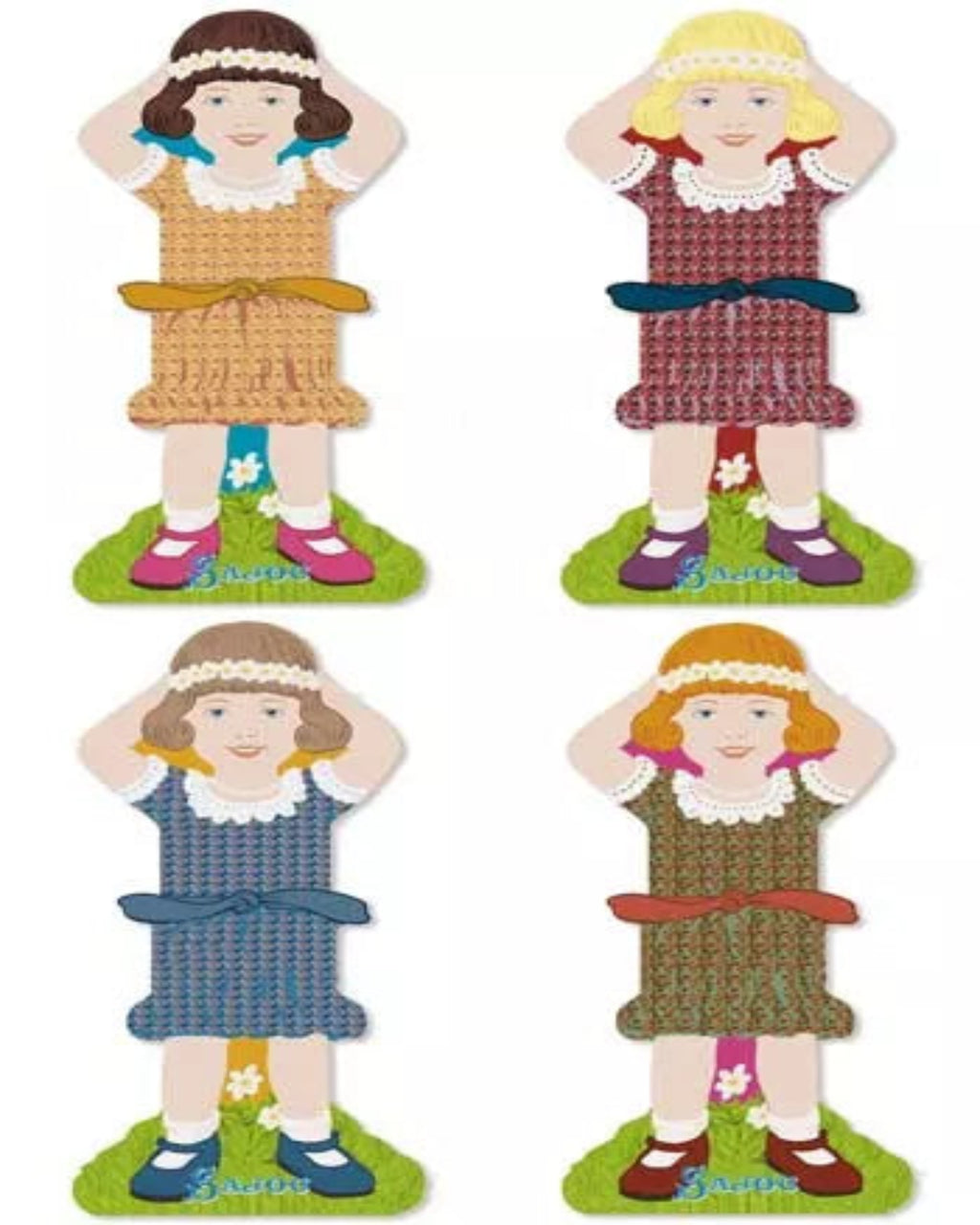 Four thread holders shaped like dolls with different dresses on a white background