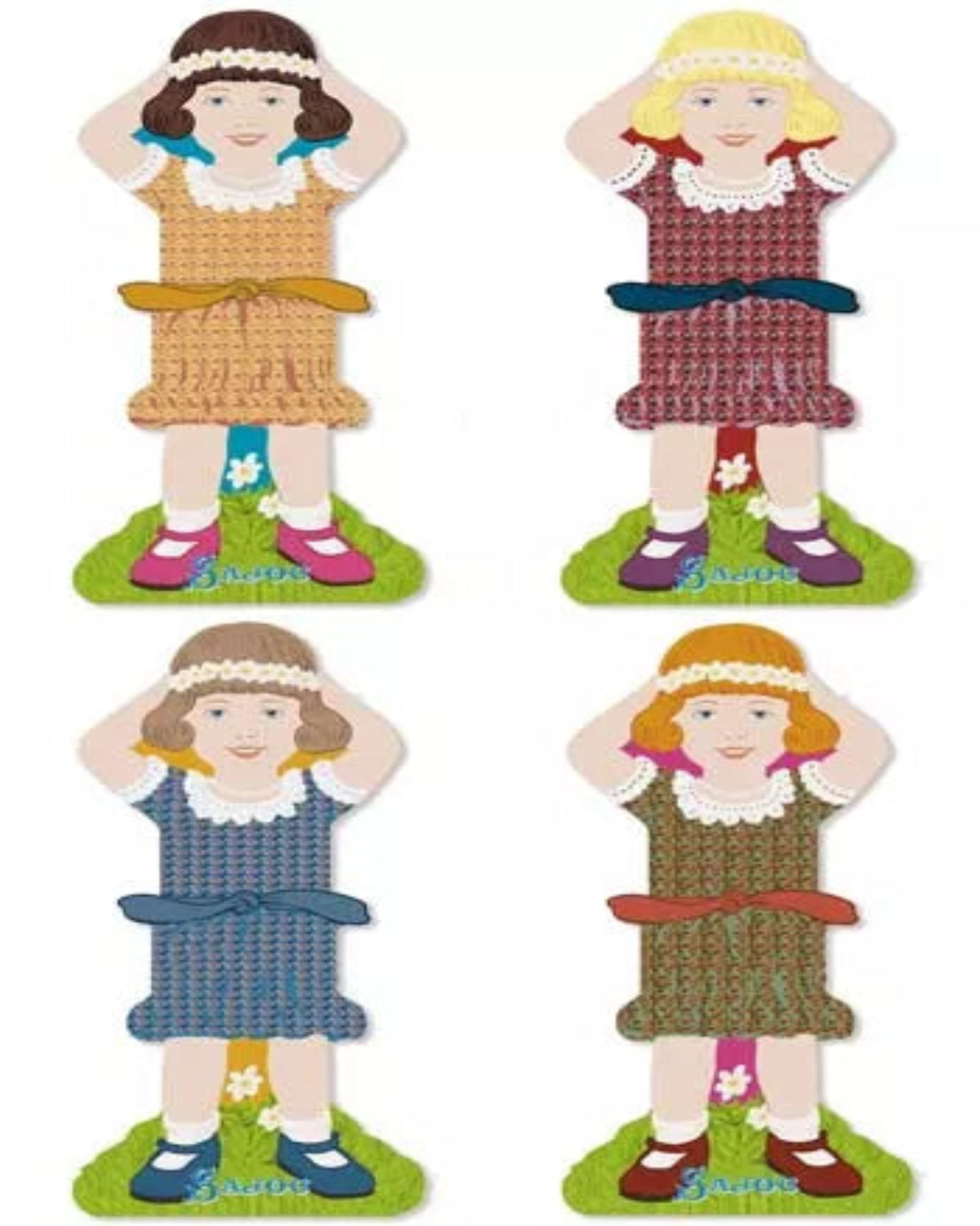 Four thread holders shaped like dolls with different dresses on a white background