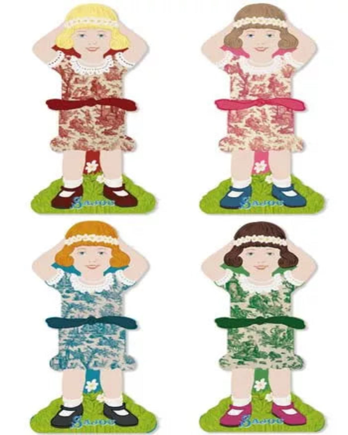 Four thread holders shaped like dolls with different dresses on a white background