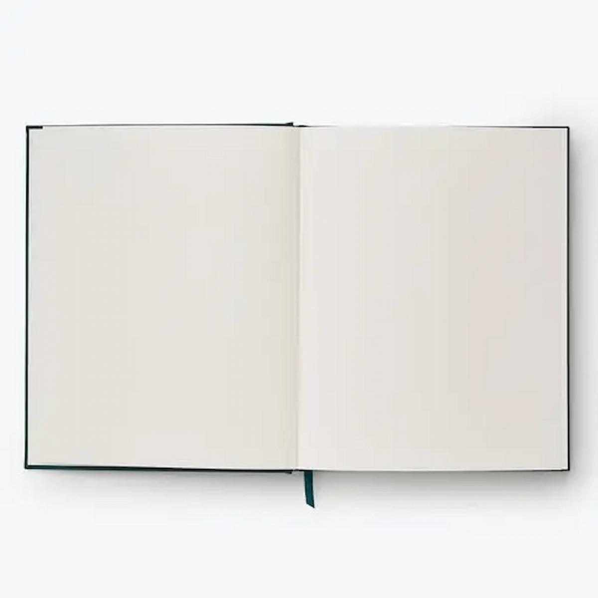 Open notebook with blank pages on a white background