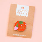 Pin with tomato design on a 'Sarah Hearts' branded card against a pink background