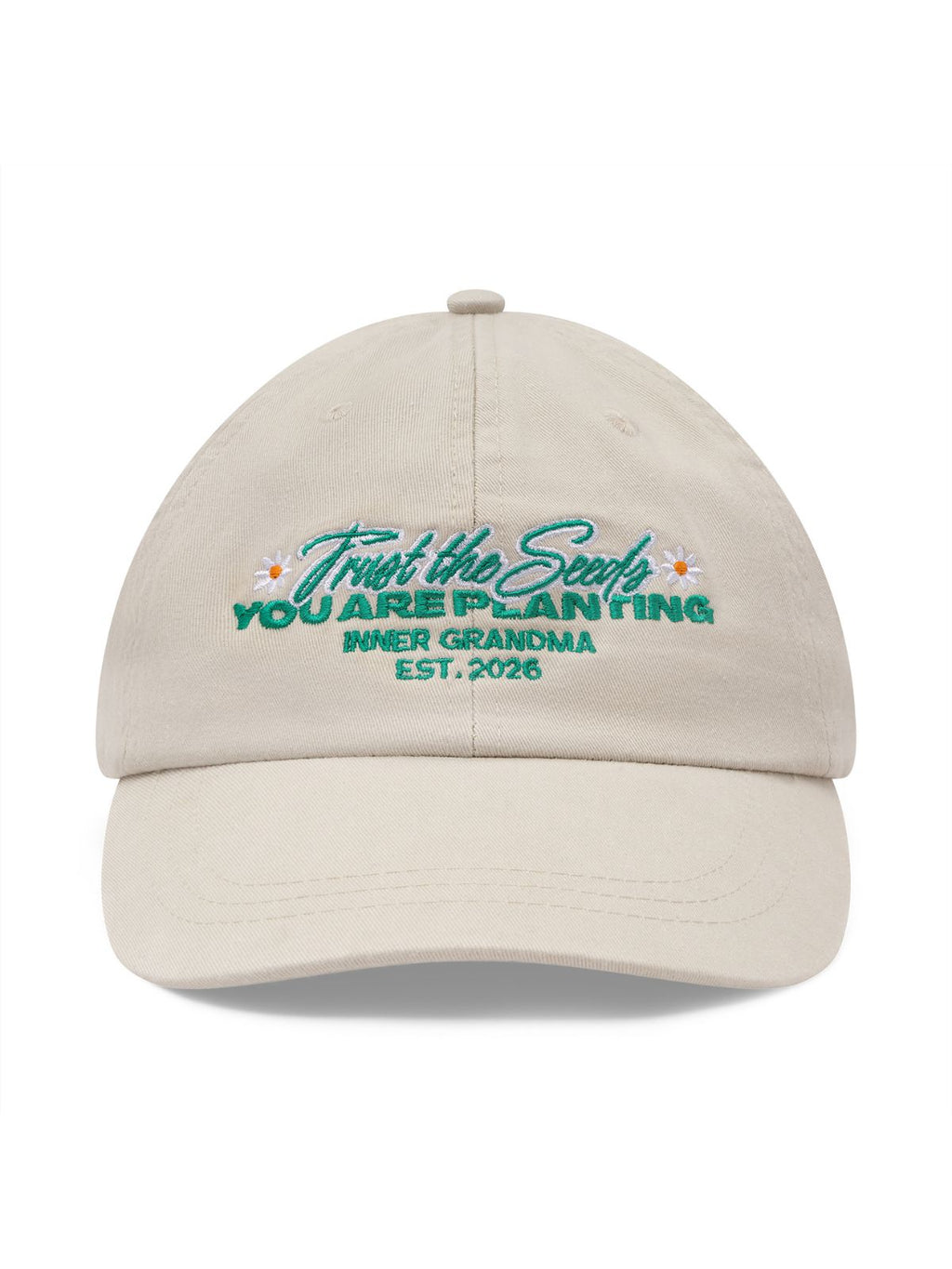 Beige cap with embroidered text on a white background