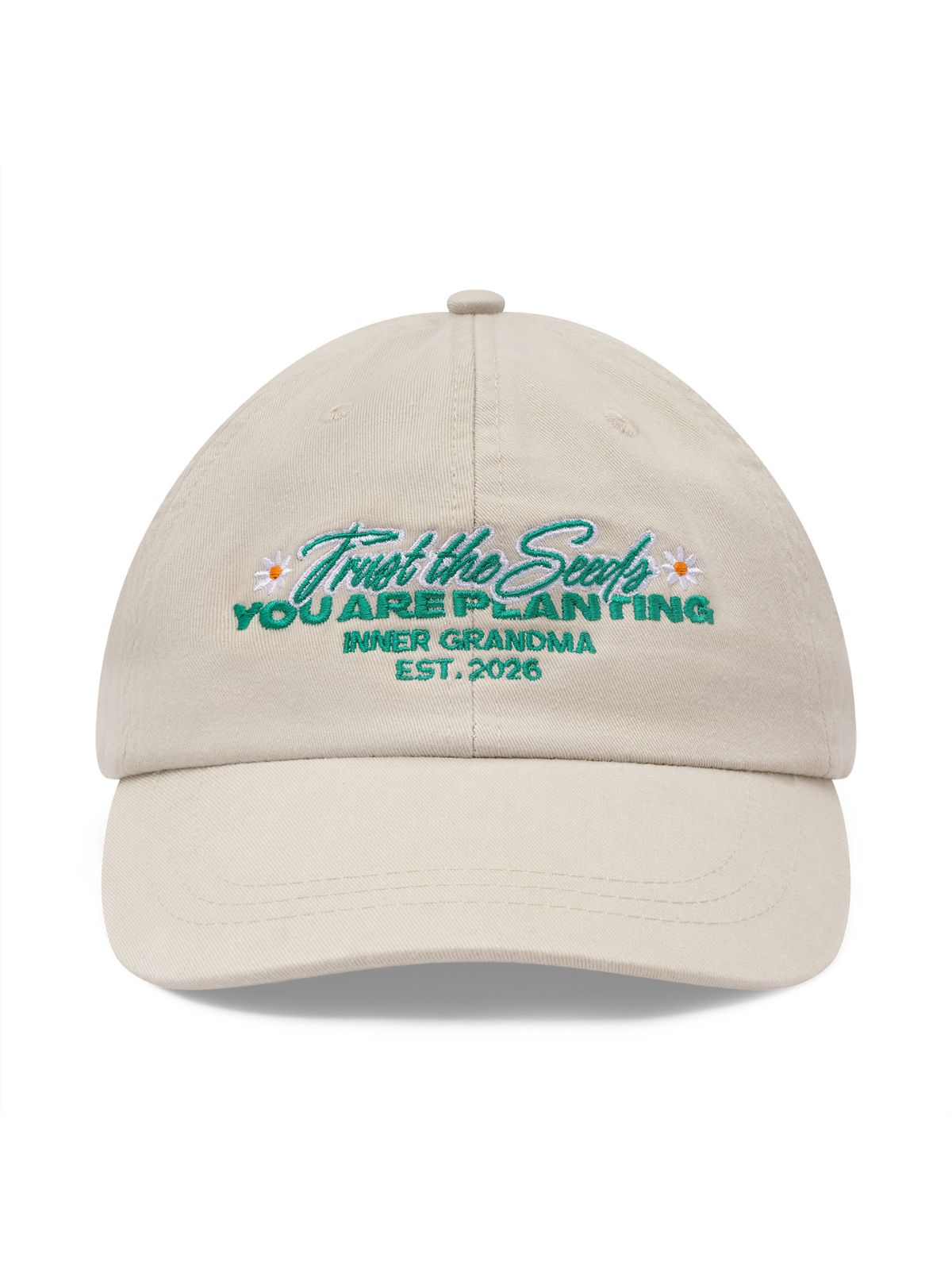 Beige cap with embroidered text on a white background